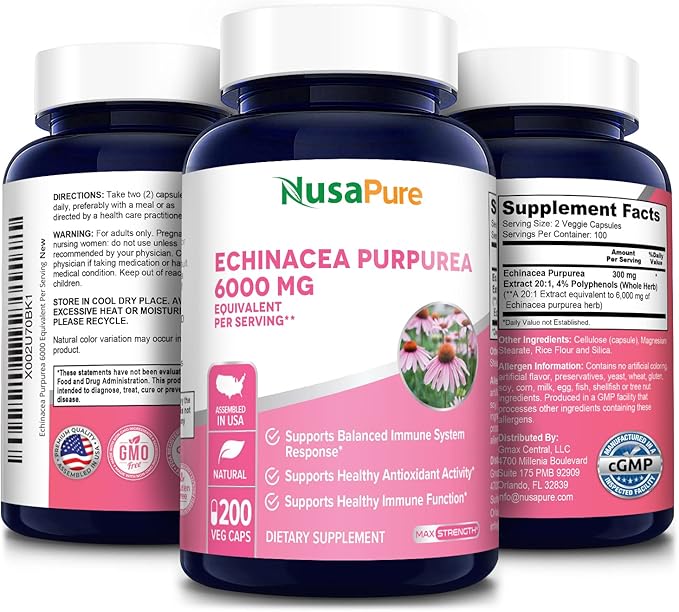 NusaPure Echinacea 20:1 Extract, 300 mg Equivalent to 6,000mg 200 Veggie Caps, Vegan, Non-GMO, Gluten Free Supplement