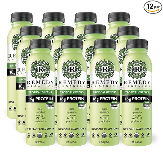 Remedy Organics Tropical Greens 12-Pack | Plant Based Protein Shakes, Ready to Drink | USDA Organic, Gluten Free, Dairy Free, Soy Free