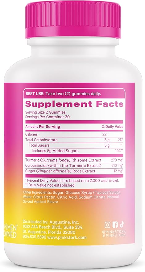 Pink Stork Turmeric Ginger Gummies – Gut & Digestive Support for Women – Anti Bloating Supplement with Antioxidants – Spiced Apricot Flavor, 60 Vegan Gummies