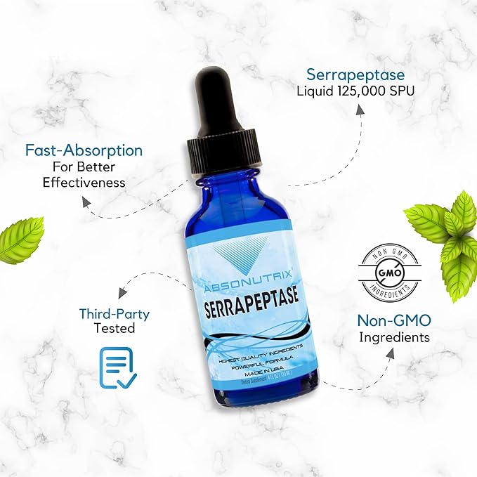 Absonutrix Serrapeptase Enzyme 583mg, 4 Fl oz, 250000 spu per Serving, 120 Servings, High Bioavailability, Quick Absorption, GMP-Certified, Non-GMO, Plant Based, Made in USA
