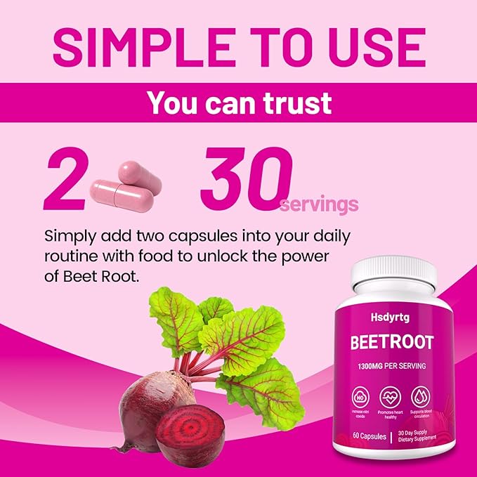 Premium Beet Root Capsules - 60 Vegan Capsules, Natural Beetroot Supplement Powder for Natural Energy & Endurance Support, Non-GMO, Gluten Free Dietary Support, 30-Day Supply