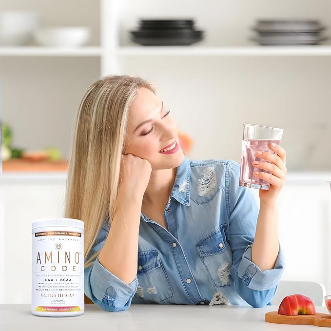 Ultra Human Amino Code | Essential Amino Acids + BCAAs + Coconut Water Electrolytes | Fast Hydration Workout Recovery Amino Energy Powder Drink | Clean Formula, 40 Servings - Raspberry Lemonade