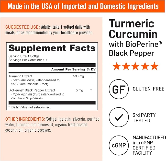 NatureWise Turmeric Curcumin 500mg with Black Pepper Softgels - Extra Strength, Enhanced Absorption - 95% Curcuminoids & BioPerine for Immune Support - Gluten-Free, Non-GMO - 180 Count[6-Month Supply]