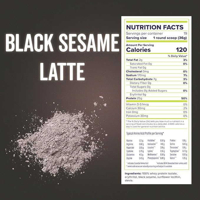 Boba Whey Protein Isolate (Black Sesame), 5.9g BCAAs, Gluten Free, Zero, Sugar, Bubble Tea Protein Powder