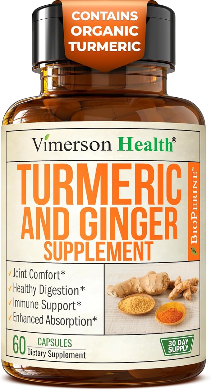 Turmeric Curcumin Supplement with Ginger for Joint Support, Digestive & Gut Health - Contains Organic Turmeric Curcumin with Black Pepper (Bioperine) for Enhanced Absorption - 60 Ginger Root Capsules