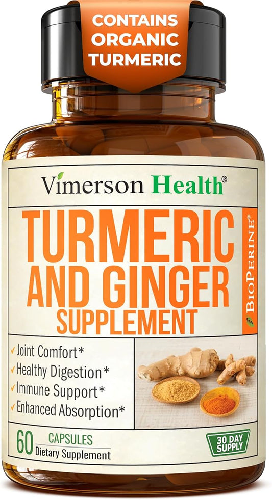 Turmeric Curcumin Supplement with Ginger for Joint Support, Digestive & Gut Health - Contains Organic Turmeric Curcumin with Black Pepper (Bioperine) for Enhanced Absorption - 60 Ginger Root Capsules
