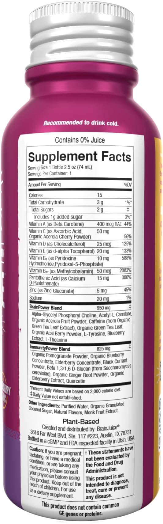 BrainJuice Brain and Immune Support Shot, Gluten Free Supplement Shots for Energy, Focus, Immunity with Vitamin D, C, B, Alpha GPC & Organic Ginger Root, Huckleberry Hibiscus, 2.5 fl oz, 12 Pack