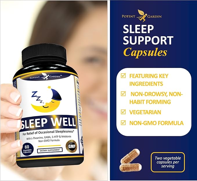 Potent Garden Sleep Well Sleep Aid Contains Melatonin Valerian Root L-Theanine GABA & More, Natural Sleep Aid Non-Habit Forming Sleep Aids for Adults with 60 Veggie Caps
