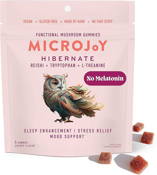 Microjoy Hibernate Gummies – Natural Sleep Aid with Reishi Mushroom – Stress Relief and Mood Support – Vegan, Non-GMO, Cherry Flavor (5 Gummy Sampler)