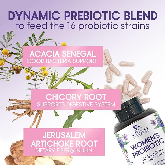 Probiotics for Women 60 Billion CFU - 16 Strains, Digestive Health, Vaginal pH & Immune Support, Prebiotics & Cranberry, Gut Health & Urinary Support, Shelf Stable Women's Probiotic - 120 Capsules