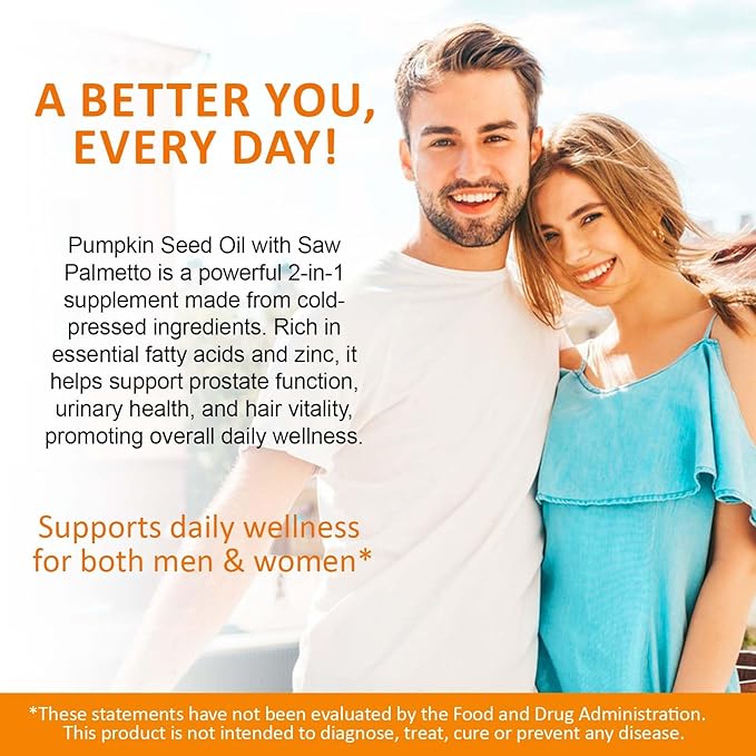 Pumpkin Seed Oil Capsules, Pumpkin Seed Oil with Saw Palmetto Capsules Cold-Pressed 1,000 mg per Serving, Supports Prostate Function, Hair Health, Rich in Essential Fatty Acids & Zinc
