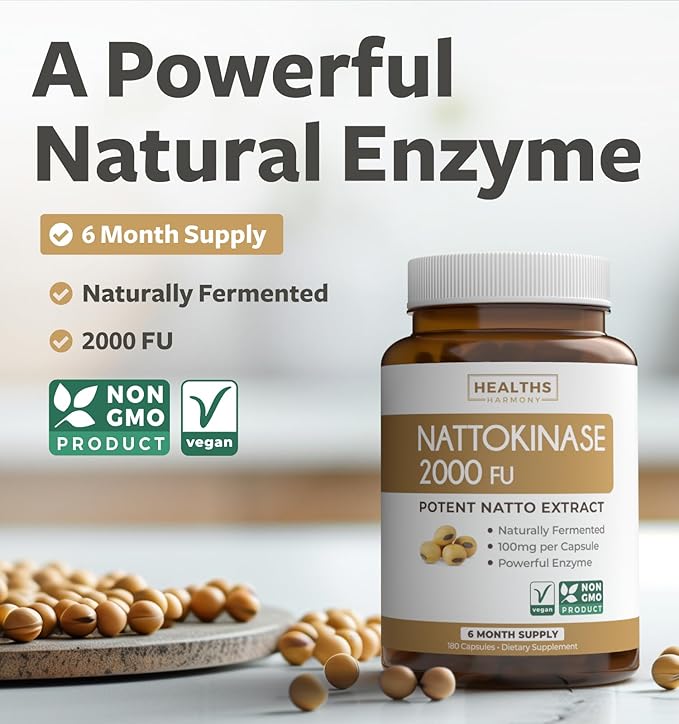 Healths Harmony Nattokinase 2000 FU (Non-GMO) Powerful Nattokinase Supplement Made from Naturally Fermented Soybeans - (6 Month Supply) 180 Vegan Natto Capsules