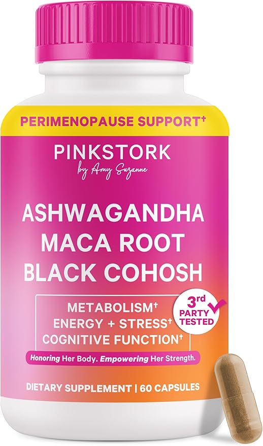 Pink Stork Perimenopause Support for Women – Ashwagandha, Maca Root, Black Cohosh + Dong Quai, Chasteberry, Red Clover – Hormone Balance, Cortisol, Adrenal Support – 60 Vegan Capsules