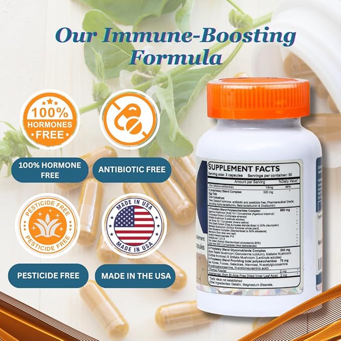 Transfer Factor Enhanced, 100 Natural Capsules, Immune Support - Transfer Factor Multi Immune from Cow Colostrum, Egg Yolk & Special Blend of Mushrooms