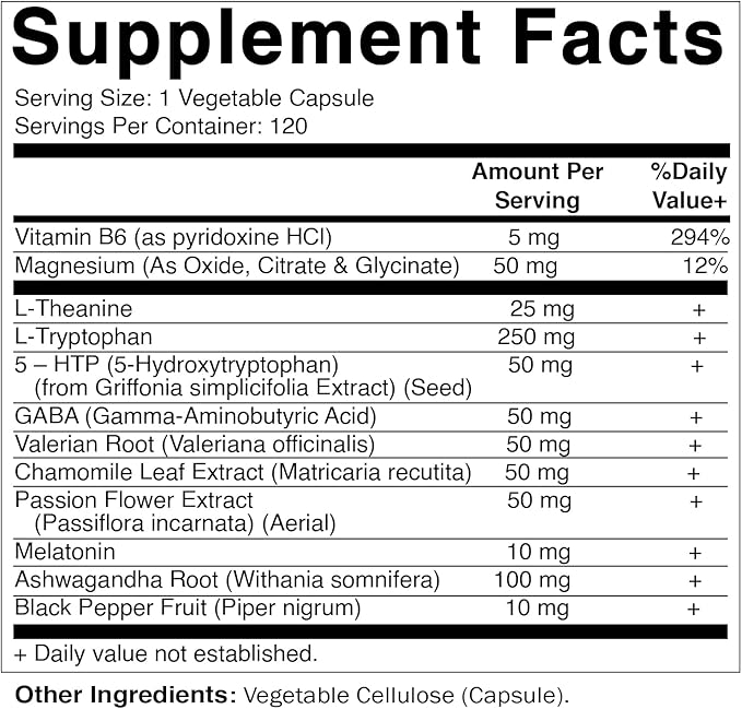 Vitamatic Advanced Sleep Aid with Melatonin - 120 Vegetable Capsules Made with B6, Magnesium, L-Theanine, L-Tryptophan, 5-HTP, GABA, Valerian, Chamomile, Passion Flower, Ashwagandha & Black Pepper