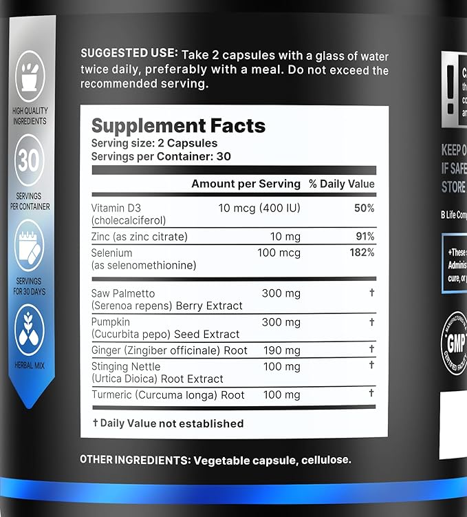 Prostate Health Supplements for Men with Saw Palmetto for Men & Pumpkin Seed Oil Capsules - Stinging Nettle Root| 60 Capsules – 30-Day Supply