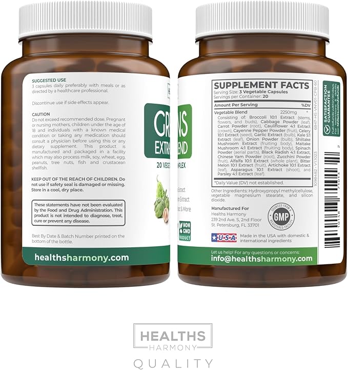 Super Greens Antioxidants Superfoods 2250mg Supplement - 20 Ingredients with Sprouts, Mushrooms, Roots, Garlic, Bitter Melon, Artichoke, Celery Seed, Cayenne pepper, Alfalfa NON GMO - 60 Capsules