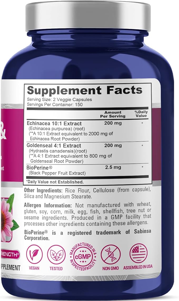 NusaPure Echinacea Goldenseal 200mg, (Extract 10:1, Equivalent to 2,000mg), 200mg, (Extract 4:1, Equivalent to 800mg) - 2800mg 300 Veggie Caps (Vegetarian, Non-GMO, Vegan)