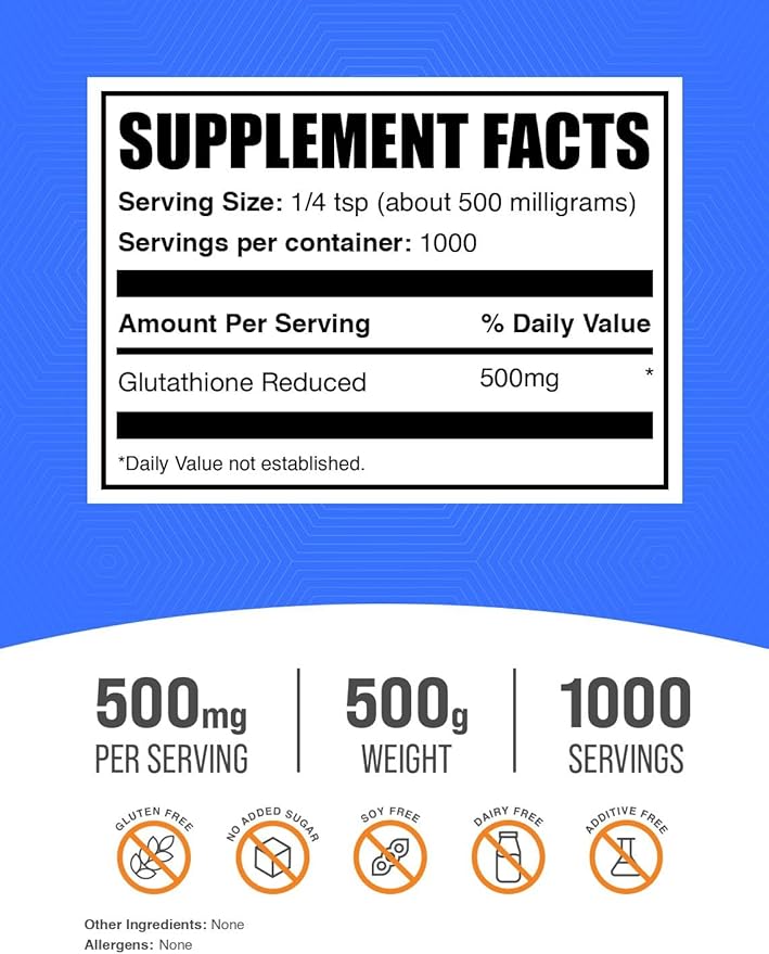 BulkSupplements.com Glutathione Reduced Powder - Glutathione Supplement, Reduced Glutathione Powder - Glutathione 500mg, Gluten Free, 500mg per Serving, 500g (1.1 lbs) (Pack of 1)