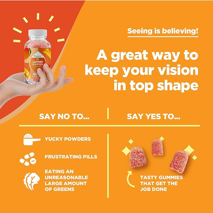 Phytoral Adults Lutein Gummies - Mango Flavored Potent Lutein and Zeaxanthin Supplements for Eye Health - Eye Vitamins for Blue Light Protection, Dryness, Strain Support & Visual Sharpness - 60 Count