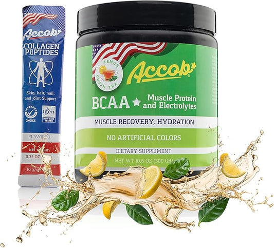 BCAA Powder Lemon Green Tea-Pre or Post Workout,Muscle Recovery Drink with Amino Acids + Electrolytes,7,2g BCCAs for Men and Women-30 Servings +10g of Collagen Peptides