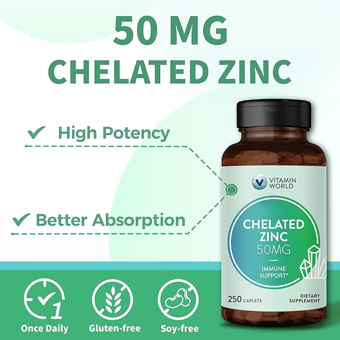 Vitamin World Chelated Zinc 50 mg - 250 Caplets, High Potency & Well Absorbed Chelated Zinc Supplement, Supports Immune, Skin & Antioxidant Health, Gluten-Free, 250 Days Supply