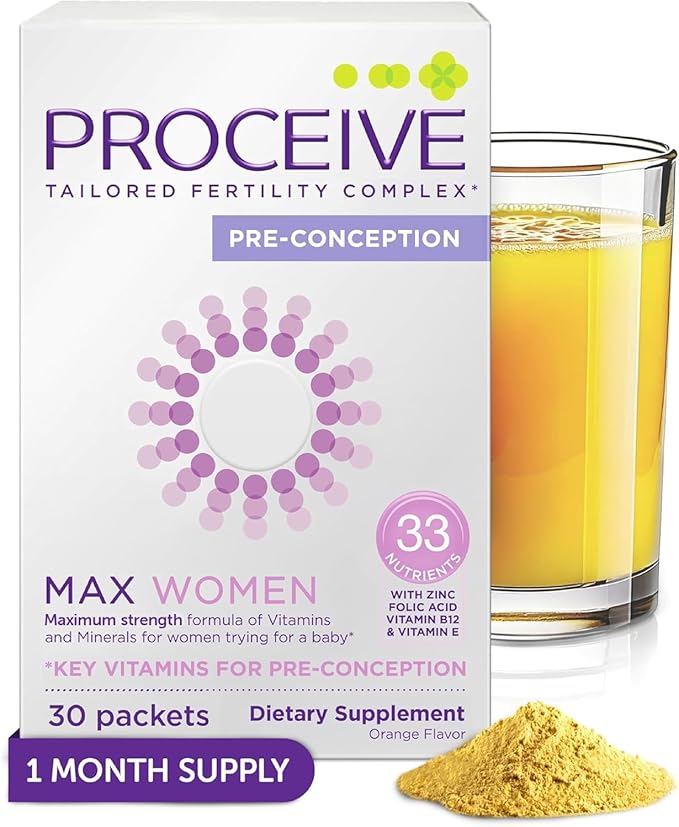 Proceive Tailored Fertility Supplement for Her, Max Women - Womens Pre-Conception Vitamins, Minerals & Amnio Acids for Pre Pregnancy Support - Folic Acid, Vitamin D & Zinc - 30 Sachets, Orange Flavor