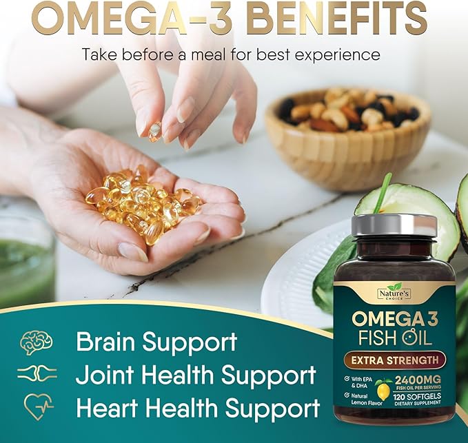 Omega 3 Fish Oil Supplement 2400 mg - Triple Strength EPA & DHA Fish Oil Omega 3, Essential Fatty Acids Supplement Softgels, Brain & Heart Health Support Supplements, Gluten Free Non-GMO, 120 Softgels