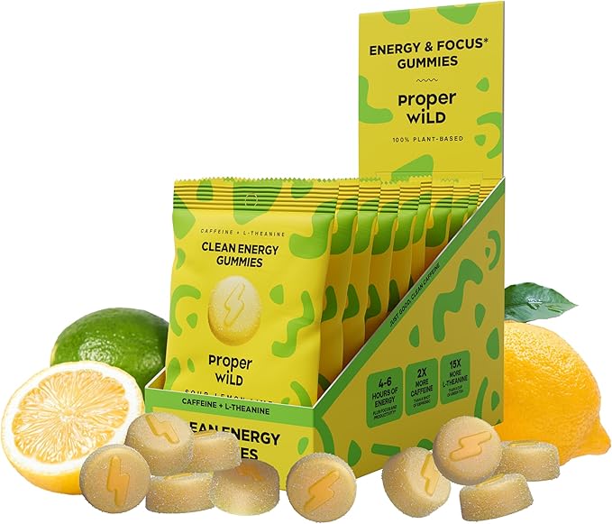 Proper Wild Vegan Energy Gummies with L-Theanine & Organic Caffeine, Clean Energy & Focus, Plant-Based Energy, Gluten-Free, Non-GMO, Dairy-Free, Stevia-Free, Soy-Free, Sour Lemon Lime (10-Pack)