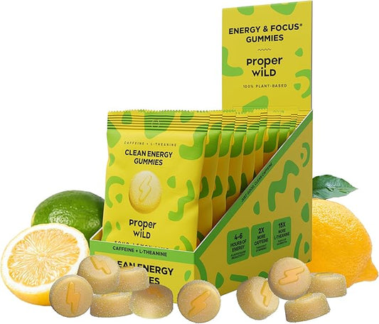 Proper Wild Vegan Energy Gummies with L-Theanine & Organic Caffeine, Clean Energy & Focus, Plant-Based Energy, Gluten-Free, Non-GMO, Dairy-Free, Stevia-Free, Soy-Free, Sour Lemon Lime (10-Pack)