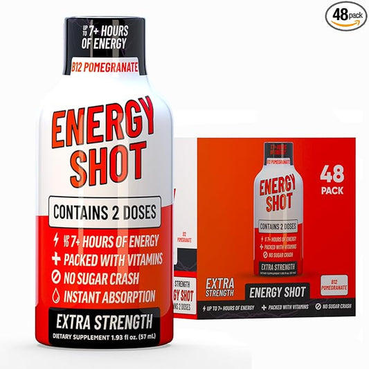 Açaí Pomegranate Extra Strength Energy Shot 12 pk – 260mg Natural Caffeine B12 B6 – Energy & Focus Support – 2 Servings Sugar Free Zero Calorie Green Tea B-Vitamins Electrolytes Vegan – 1.93 fl oz