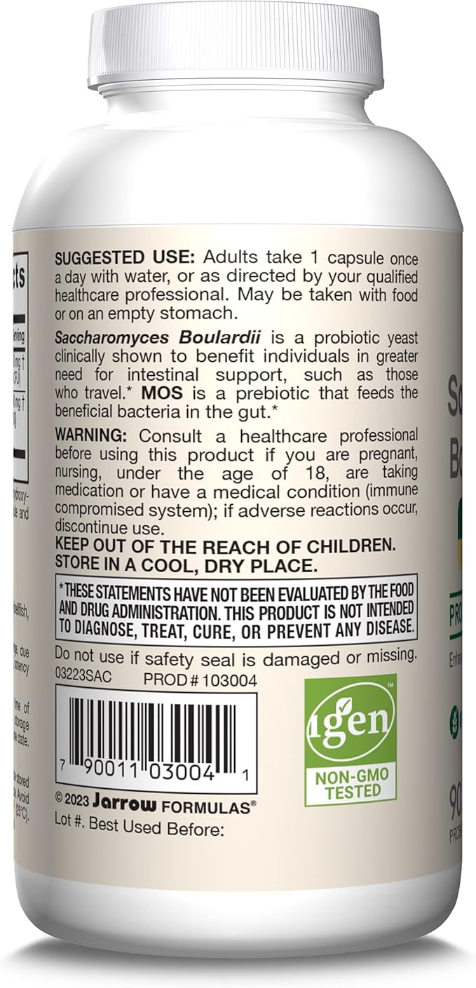 Jarrow Formulas Saccharomyces Boulardii Probiotics + MOS 5 Billion CFU Probiotic Yeast for Intestinal Health Support, Gut Health Supplements for Women and Men, 90 Veggie Capsules, 90 Day Supply