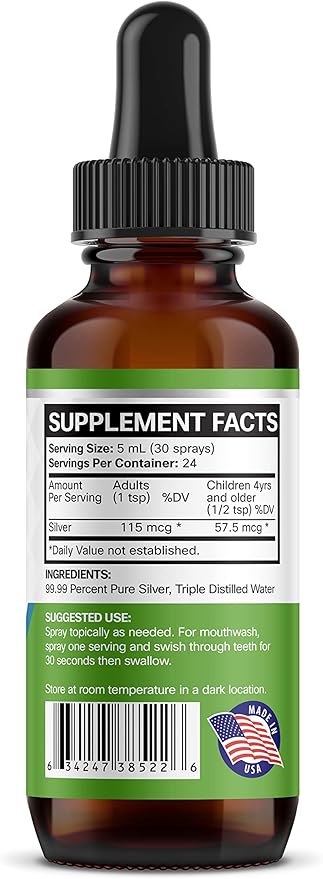 Ionic Colloidal Silver Liquid Dropper 20 PPM 4oz Inmune Support Plata Coloidal Drops for Immunity Bio Active