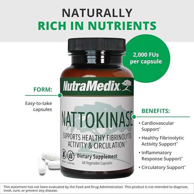 NutraMedix Nattokinase Supplement - Nattokinase 2000 FU per Serving - Formulated for to Support Heart Health and Healthy Circulation - Gluten + Dairy-Free (60 Capsules)
