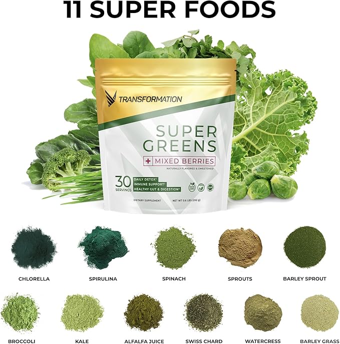 Transformation Vanilla Protein Powder | 30G Multi-Protein Superblend + Grass-Fed Hydrolyzed Collagen Peptides Powder- Hair, Skin, Nails + Organic Super Greens Superfood Powder- Immune & Energy Support