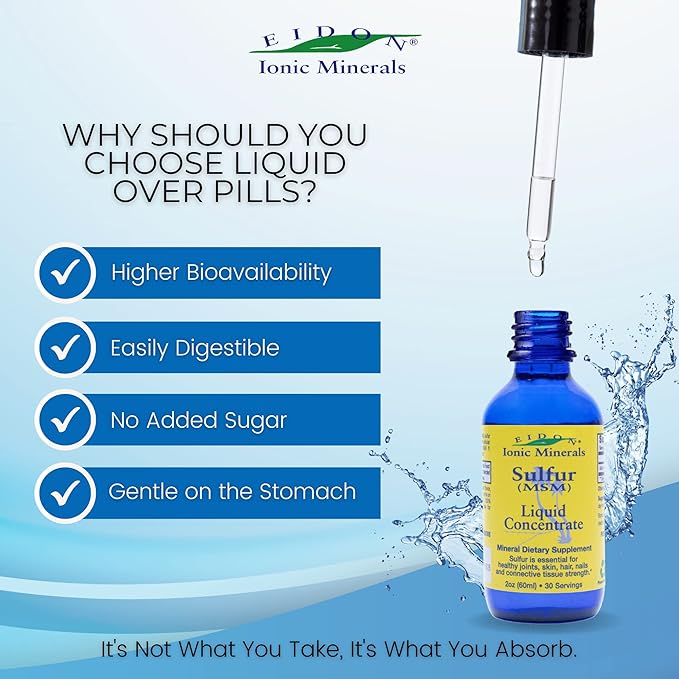 Eidon Ionic Minerals Liquid Sulfur Concentrate - Ionic MSM Sulfur Drops Supplement, Supports Healthy Joints, Smooth Skin, & Glossy Hair, No Preservatives or Additives - 2 Oz Bottle