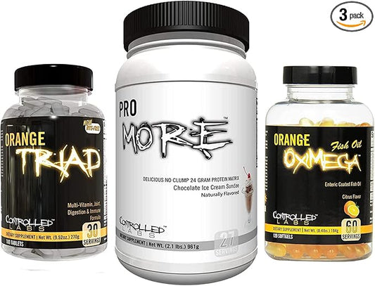 CONTROLLED LABS Bundle - Orange Triad (30 Serv), Orange Oximega Fish Oil (120 softgels), PROmore Protein (27 Serv) Chocolate Ice Cream Sundae