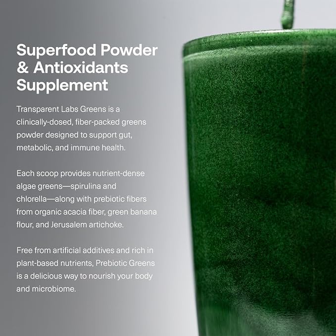 Transparent Labs Prebiotic Greens - Superfood Powder & Antioxidants Supplement with Organic Spirulina, Chloerra, Acacia, & Green Banana Powder - 30 Servings, Unflavored