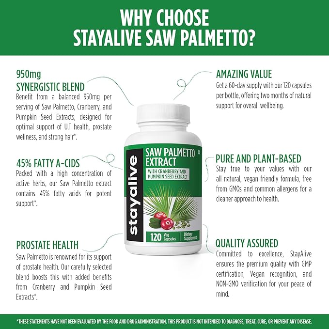 STAY ALIVE Saw Palmetto Extract Capsules w/Cranberry & Pumpkin Seed Oil, 120 Vegan Pills for Hair, U.T & Prostate, Pure Saw Palmetto for Men and Women, Non-GMO, Gluten Free Pumpkin Seed Supplement