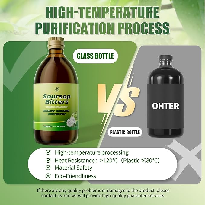 Soursop Bitters Liquid with Black Seed,Moringa & Turmeric for Digestive & Gut Cleanse, Antioxidant,Skin Health,Cell Regeneration,Immune & Mood Support,Pure 15 Herb Soursop Tea 16 fl oz