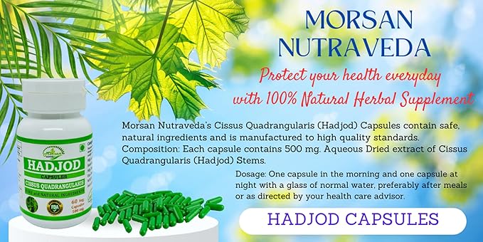 Hadjod (Cissus Quadrangularis) for Optimal Bone and Joint Health | 500 mg per Serving | 60 Vegetarian | Natural Support for Wellness | Non-GMO (1 Bottle of 60)