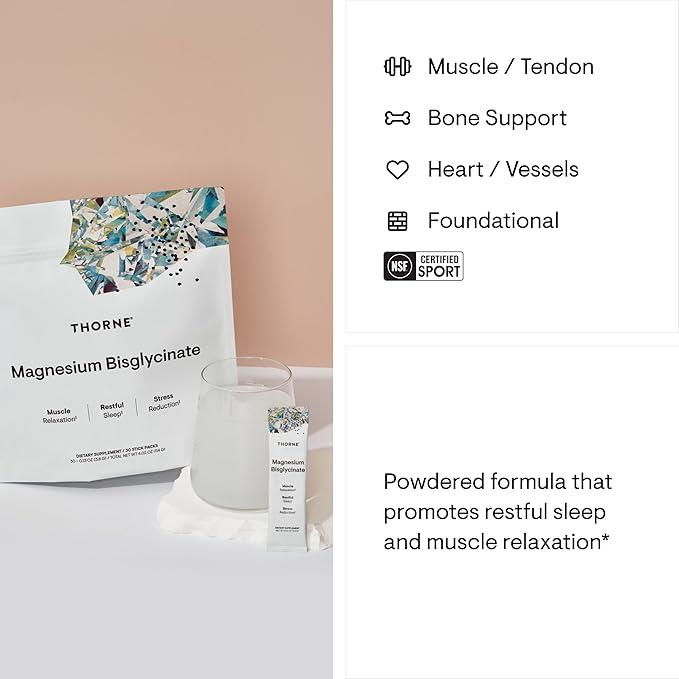 THORNE - Magnesium Bisglycinate - Powdered Magnesium Formula - Support Restful Sleep, Muscle Relaxation, Heart Health, and Metabolism* - NSF Certified for Sport - 30 Servings - 0.13 Oz per Stick Pack