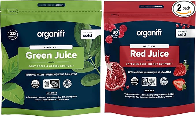 Organifi Green Juice and Red Juice Bundle - 30 Day Supply - Delicious, Refreshing Organic Superfood Supplement Powder With Antioxidants for Energy and Stress Relief Support - No GMO, Gluten, or Soy