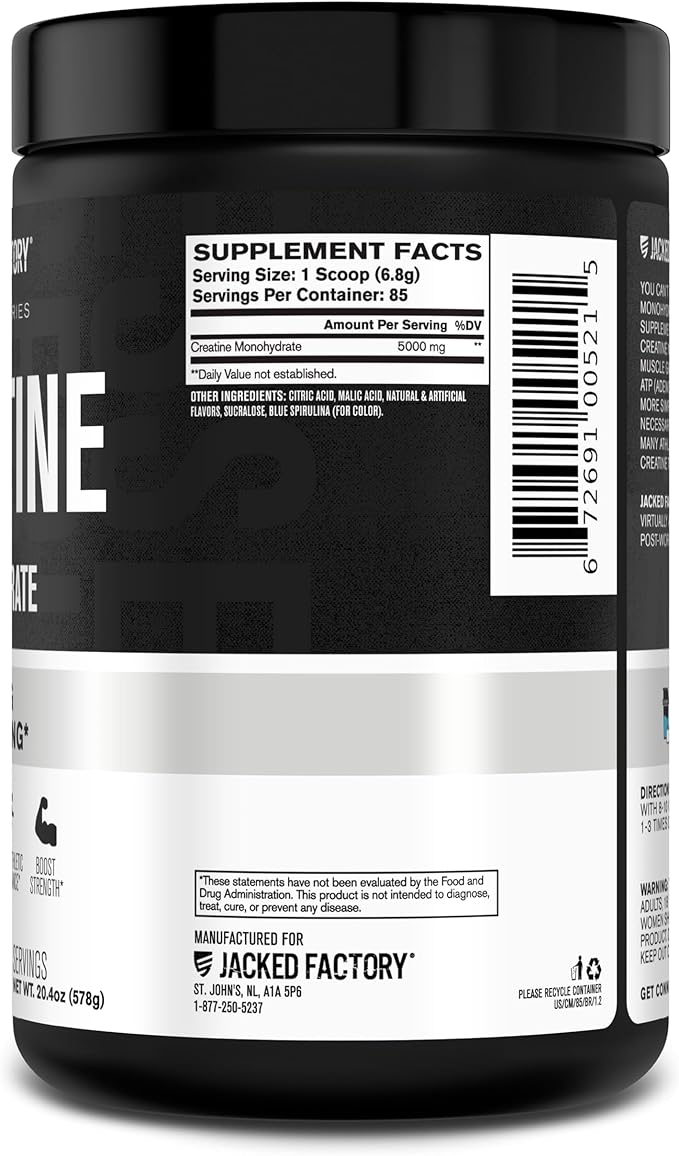 Jacked Factory Flavored Creatine Monohydrate Powder 425g - Creatine Supplement for Muscle Growth, Increased Strength, Enhanced Energy, & Improved Athletic Performance - 85 Servings, Blue Raspberry