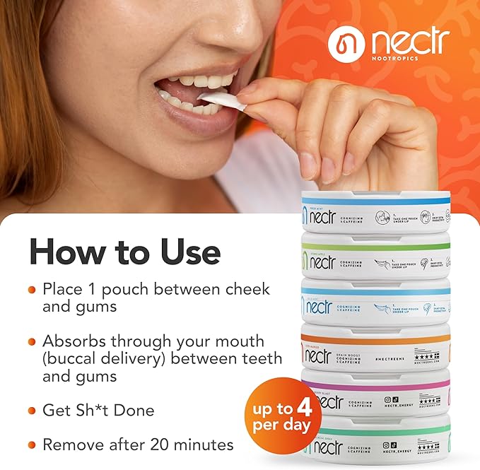 Nectr Energy Nootropic Pouches – Mild Mint Flavored, Caffeine Pouches with Cognizin® Citicoline. Sugar-Free Brain Treats. Smooth, Sustained Focus & Energy Supplement - 5 Pucks of 16pcs