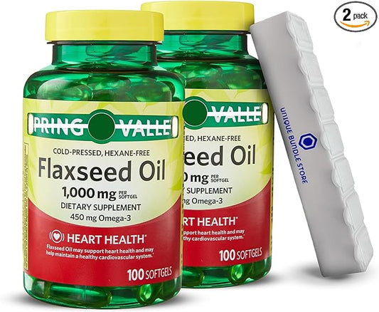 Flaxseed Oil 1000mg, 100 Softgels - Dietary Supplement + 7 Day Pill Organizer Included (Pack of 2)