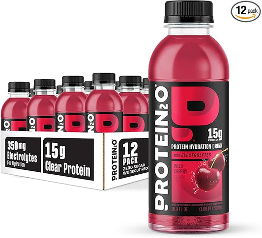 Protein2o Hydration Drink - 2-in-1 Liquid Clear Whey Protein Isolate and Electrolyte Drink - 15g Protein, Vitamins B5, B6 - Post-Workout Recovery - 16.9 Fl Oz - 12 Count Wild Cherry