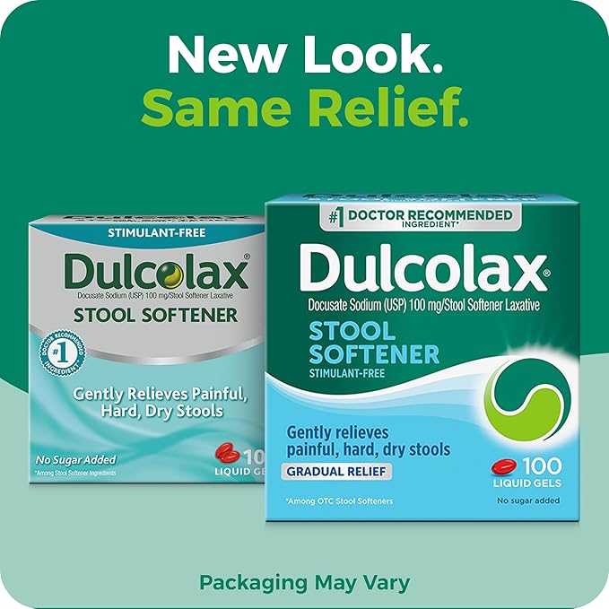 Dulcolax Stool Softener Laxative Liquid Gel Capsules, Gentle Constipation Relief for Hard, Dry Stools, Docusate Sodium 100 mg, 100 Count, 2 pk