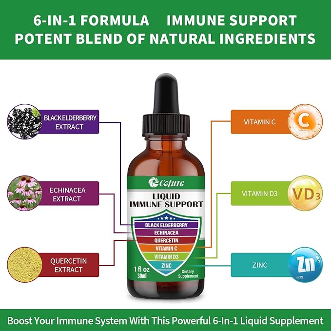 Zinc Quercetin Vitamin C D3 Liquid Immune Support with Organic Echinacea Elderberry, Immune Defense Drops Supplement for Adults- Vegan, Non-GMO, Gluten Free - 1 Fl Oz