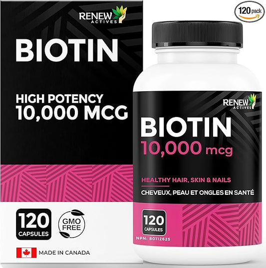 Renew Actives Biotin & Calcium 10000MCG per Serving – Supplements for Hair, Nail & Skin Care – Promotes Bone & Teeth Health – Helps Prevent Biotin Deficiency - Made in Canada – 120 Capsules